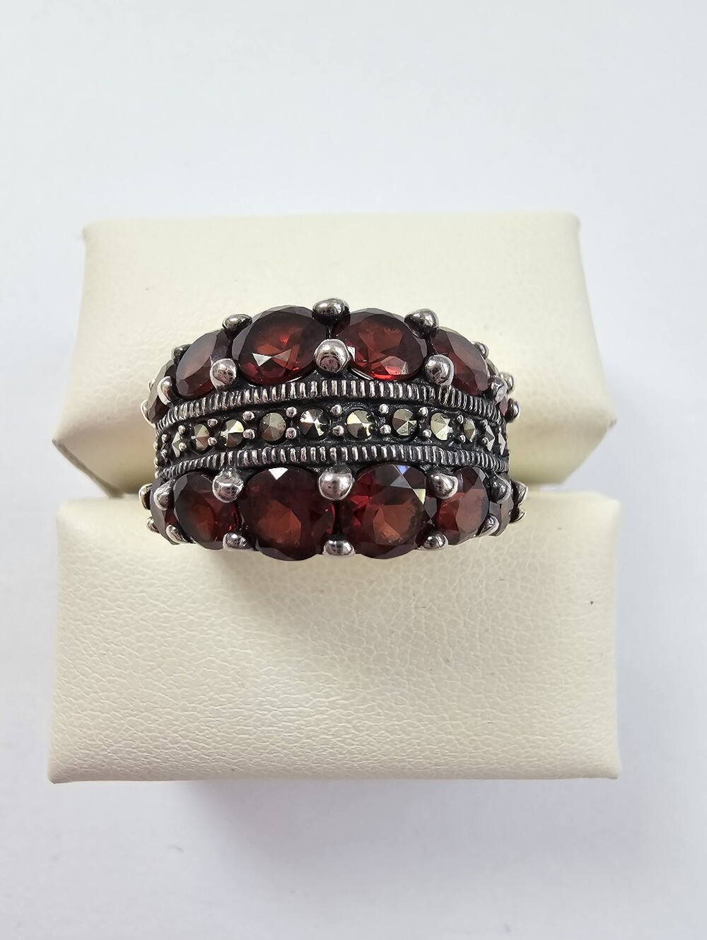 Vintage Sterling Silver Garnet Marcasite Wide Band Ring Size 8 Statement​